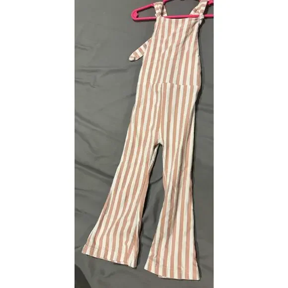 Girls Striped Beige White Sleeveless Jumpsuit 100% Cotton Size 110 - Picture 1 of 5